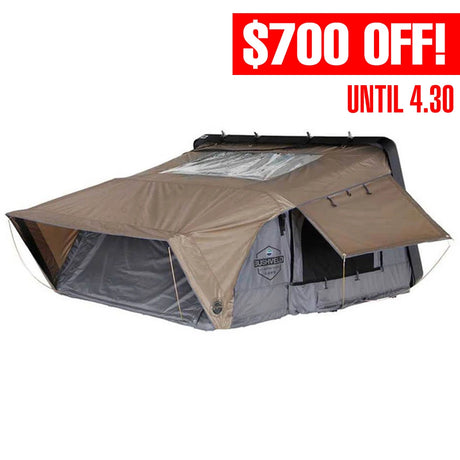OVS HD Bushveld 4 Person Cantilever Hard Shell Roof Top Tent Grey Body & Tan Rainfly hard shell rooftop tent for overlanding