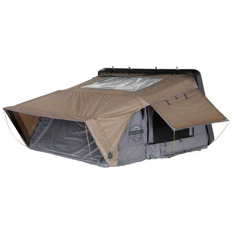 OVS HD Bushveld 2 Person Cantilever Hard Shell Roof Top Tent Grey Body & Tan Rainfly hard shell rooftop tent for overlanding
