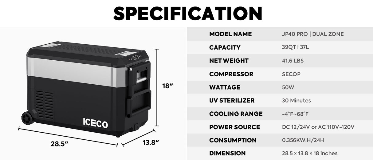 JP40 Pro Dual Zone Wheeled Portable Freezer | ICECO | 40 LT