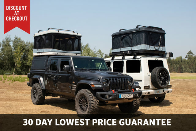 James Baroud Evasion ProLine creme and charcoal rooftop tents on Jeeps