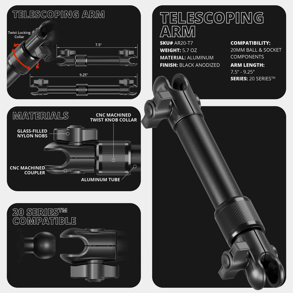 LINK™ Camera Mount | Accessory Ready Dash and Grab Handle Compatible | 2021+ Ford Bronco | 7.5"-9.25" Telescoping Arm