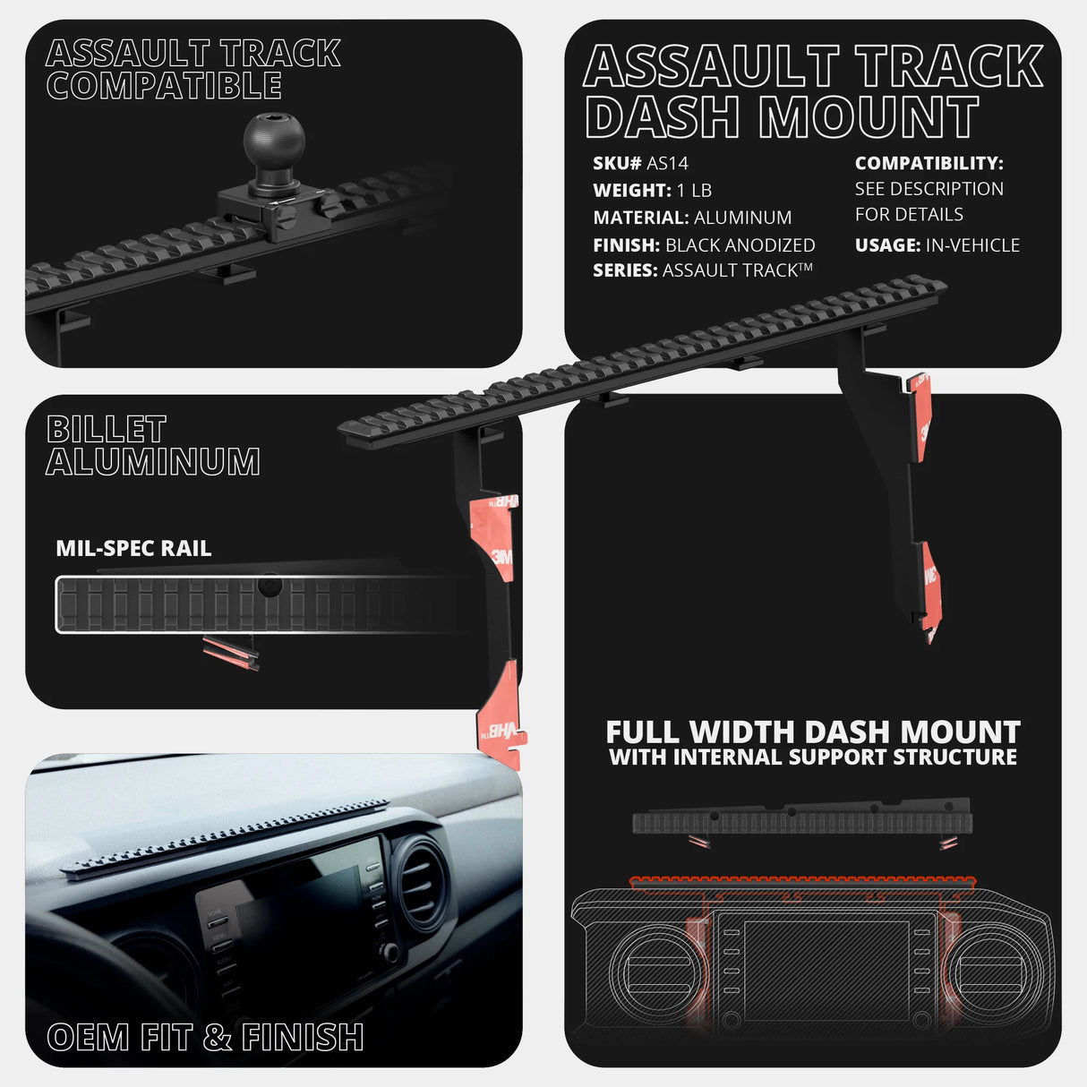 2016-2023 Toyota Tacoma Tackform Assault Track Picatinny Dash Bracket With MagSafe Charging Phone Mount