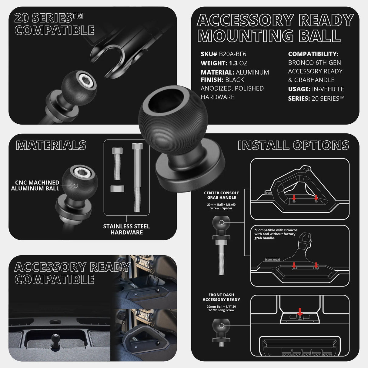 LINK™ GoPro Mount | Accessory Ready Dash and Grab Handle Compatible | 2021+ Ford Bronco | 3.5" Arm