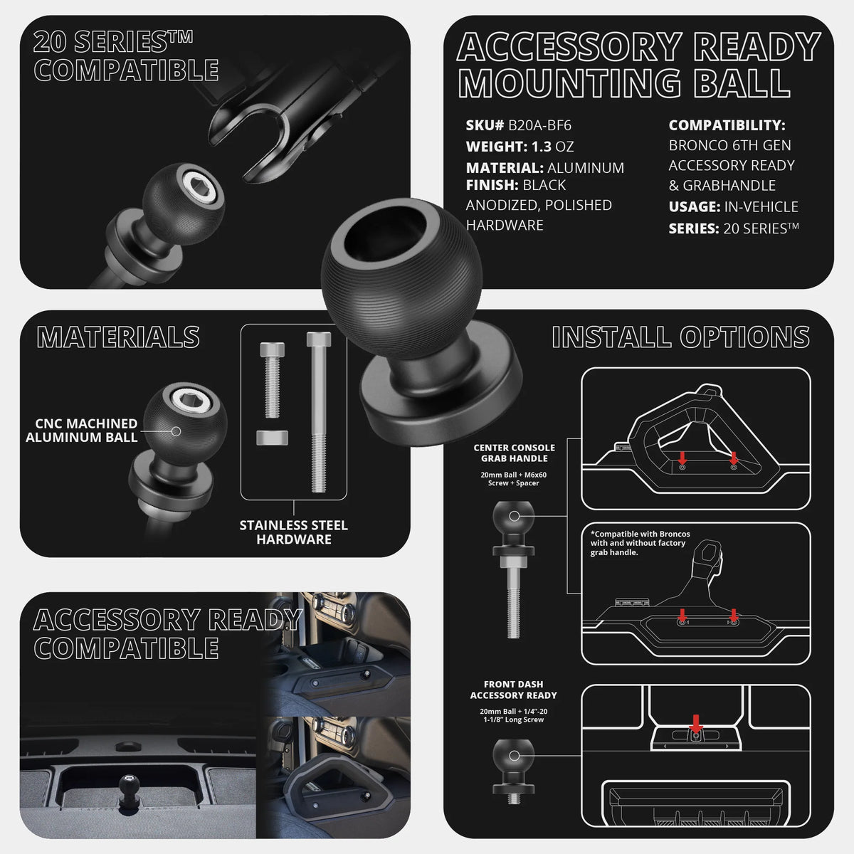 LINK™ Camera Mount | Accessory Ready Dash and Grab Handle Compatible | 2021+ Ford Bronco | 3.5" Arm