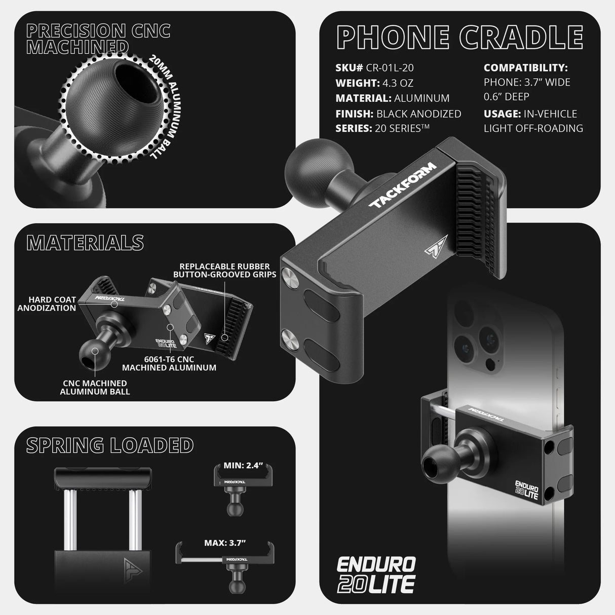 2021 - 2024 Ford Bronco SPORT Tackform Slim Track Dash Bracket With 20LITE Phone & CB Microphone Mounts