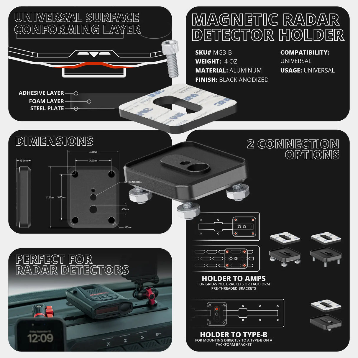 2024+ Ford F-150 (See Compatibility Info For Specific Year/Trim Fitment Details) Tackform Assault Track Picatinny Dash Bracket With MagSafe Phone Mount and Magnetic Radar Detector Holder | Telescoping Arm