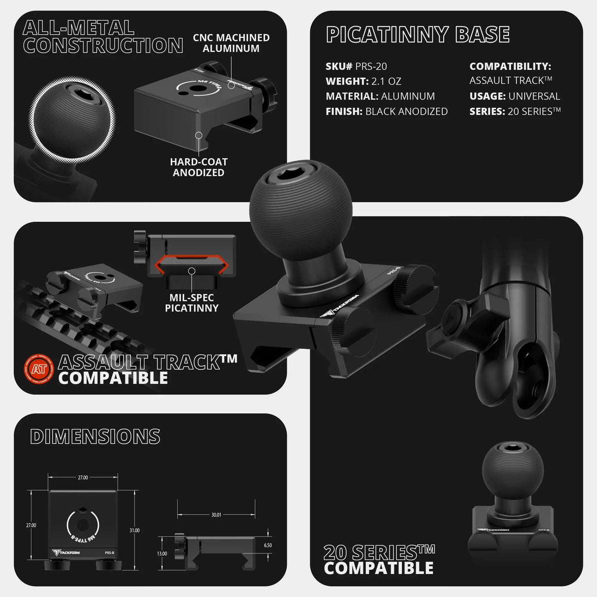 2016-2023 Toyota Tacoma Tackform Assault Track Picatinny Dash Bracket With 20LITE Phone Holder & Midland Magnetic CB Radio Mic Holder