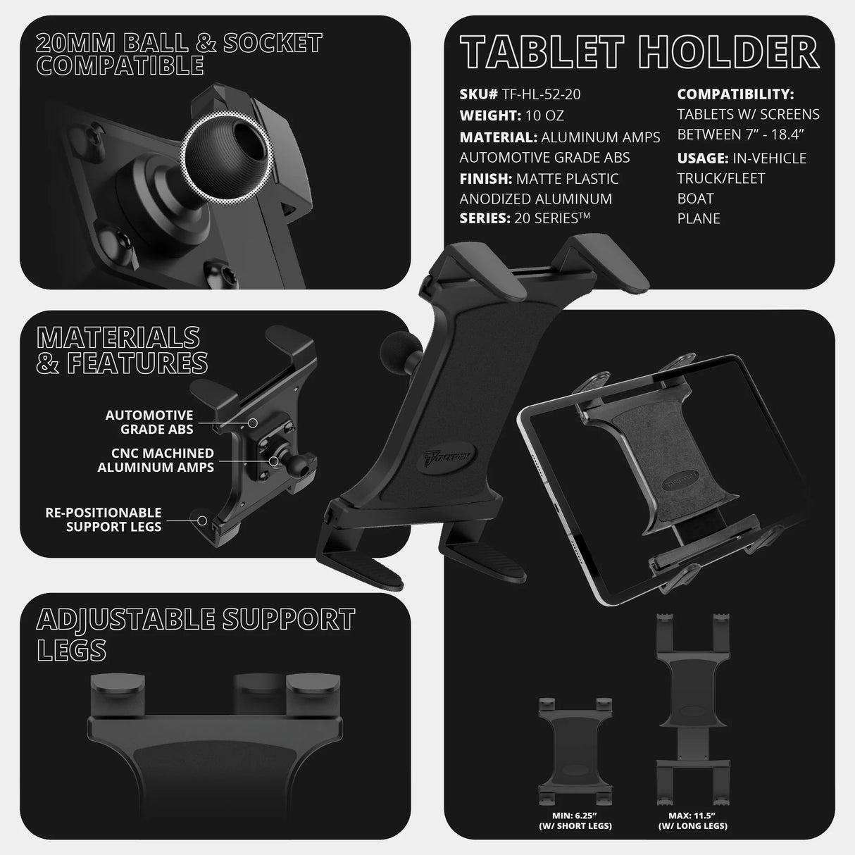 2021 - 2024 Ford Bronco SPORT Tackform Slim Track Dash Bracket With 20LITE Phone & Tablet Mounts