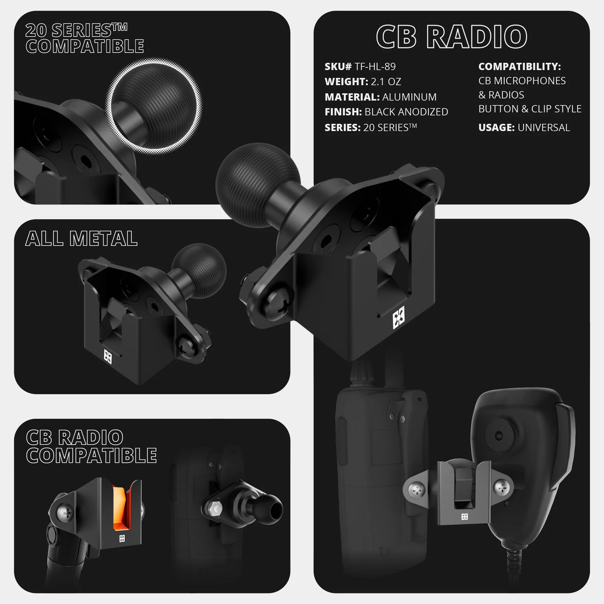2016-2023 Toyota Tacoma Tackform Slim Track Dash Bracket With 20LITE Phone & CB Microphone Mounts