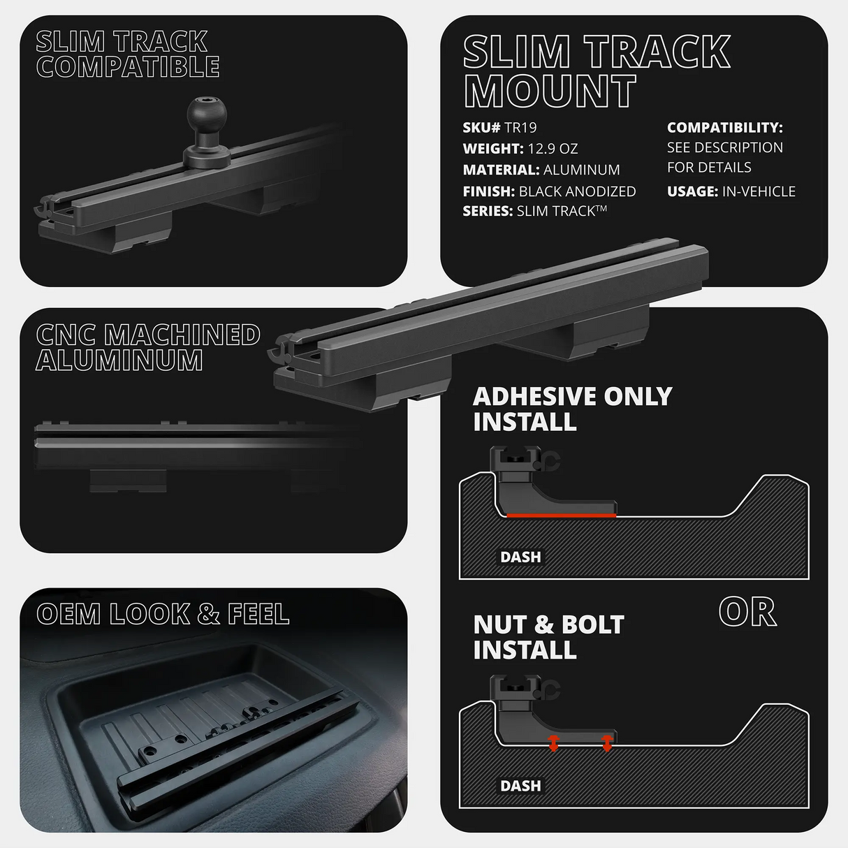 2019-2023 Ford Ranger (WITHOUT Switch Panel) Tackform Slim Track Dash Bracket With Dual 20LITE Phone Holders