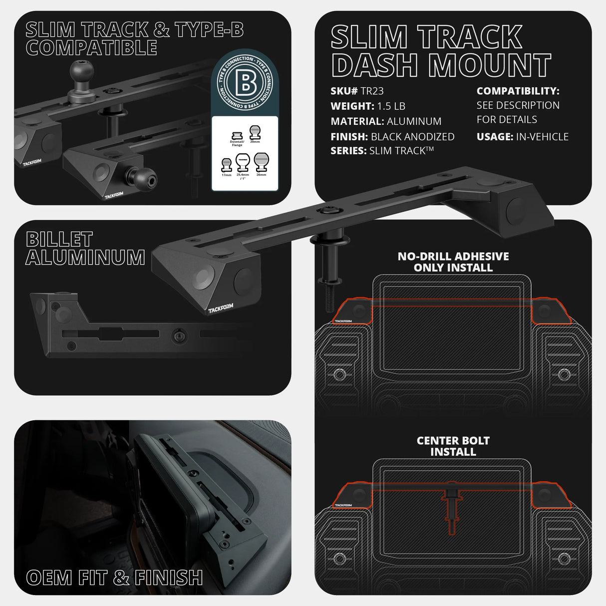 2021 - 2024 Ford Bronco SPORT Tackform Slim Track Dash Bracket With 20LITE Phone & CB Microphone Mounts