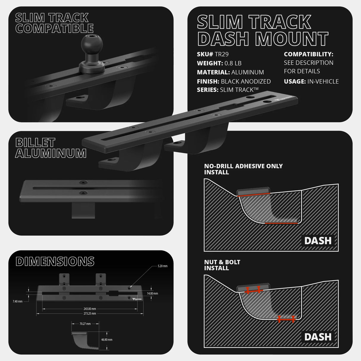 2022-2024 Ford Maverick Tackform Slim Track Dash Bracket With 20LITE Phone Mount
