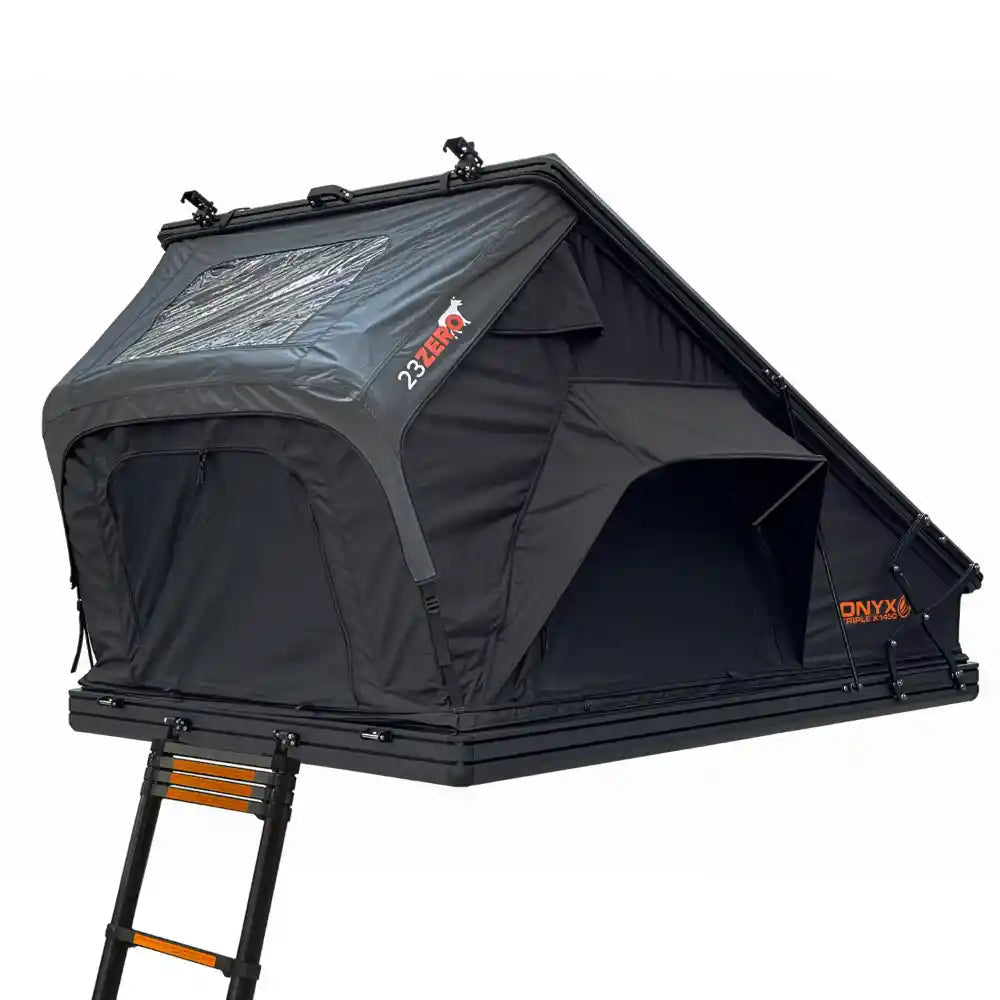 23ZERO Onyx Triple X 1450 hardshell rooftop tent rear angle for overland truck SUV