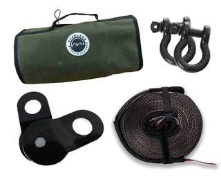 Recovery Wrap Combo Kit Including 30' 20,000 Lb Rated Tow Strap, Pair Of Black D-Rings, Snatch Block And Canvas Bag