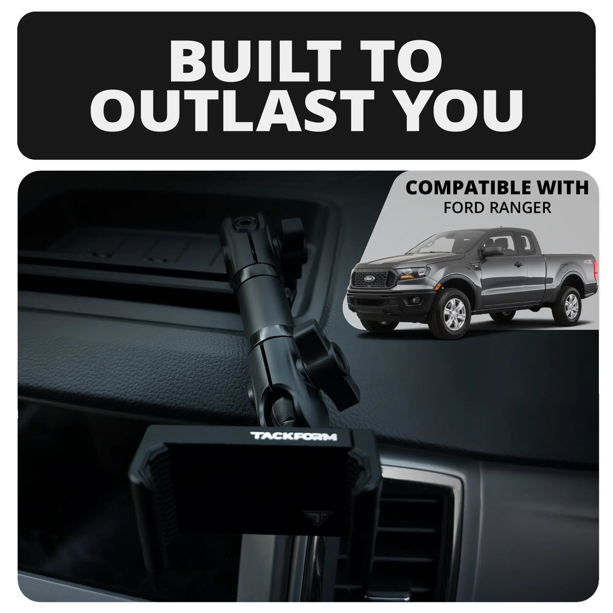 2019-2023 Ford Ranger (WITHOUT Switch Panel) Tackform Slim Track Dash Bracket With Dual 20LITE Phone Holders