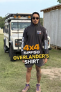 Person wearing a '4x4 SPF50 Overlander's Shirt' with text overlay in front of a vehicle.