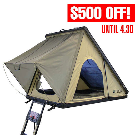OVS LD TMON 2 Person Clamshell Aluminum Hard Shell Roof Top Tent Tan Body & Green Rainfly hard shell rooftop tent for overlanding
