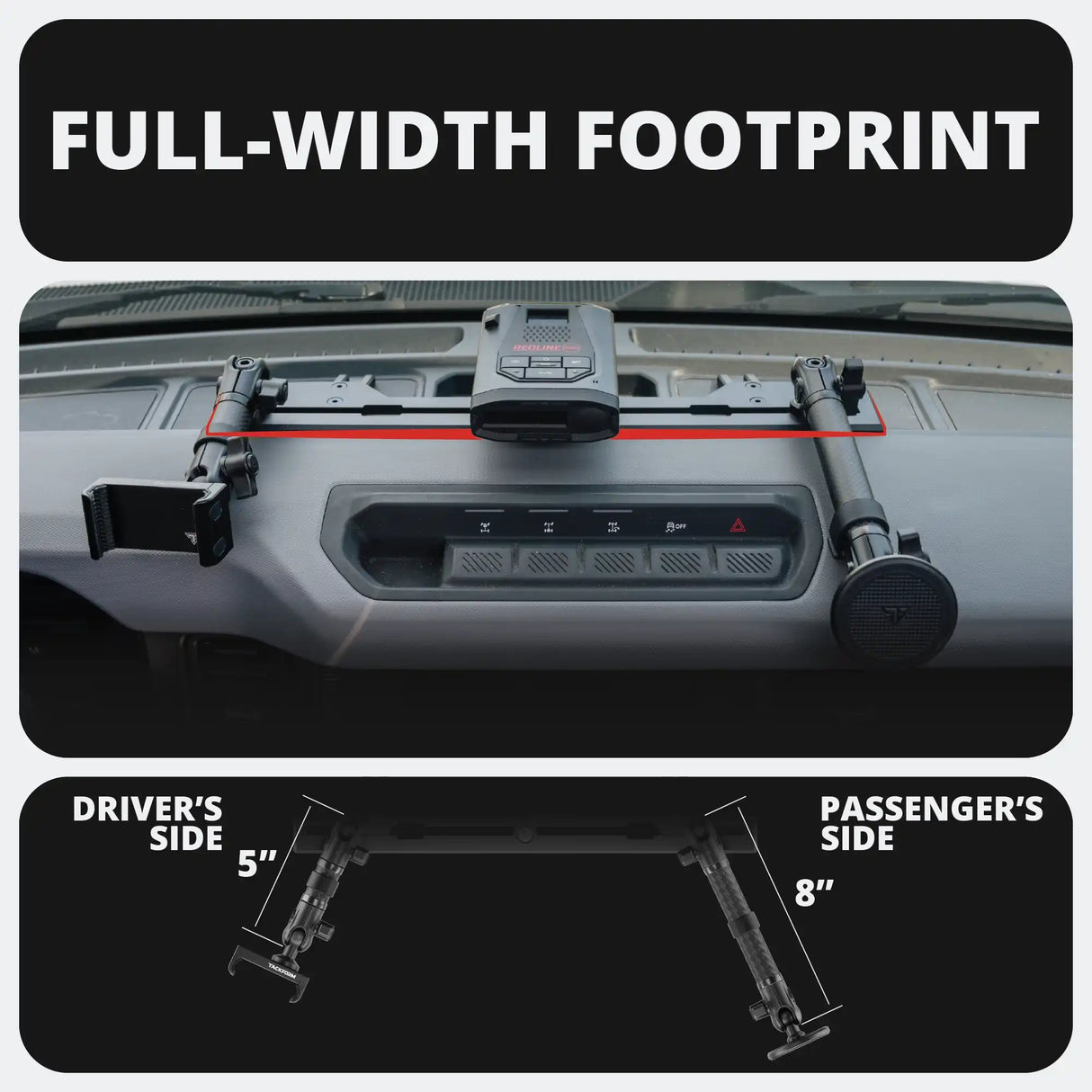 2021+ Ford Bronco & Bronco Raptor (Non-Sport) Tackform Slim Track Dash Bracket With Dual MagSafe Charging Phone Mounts & GoPro Mount