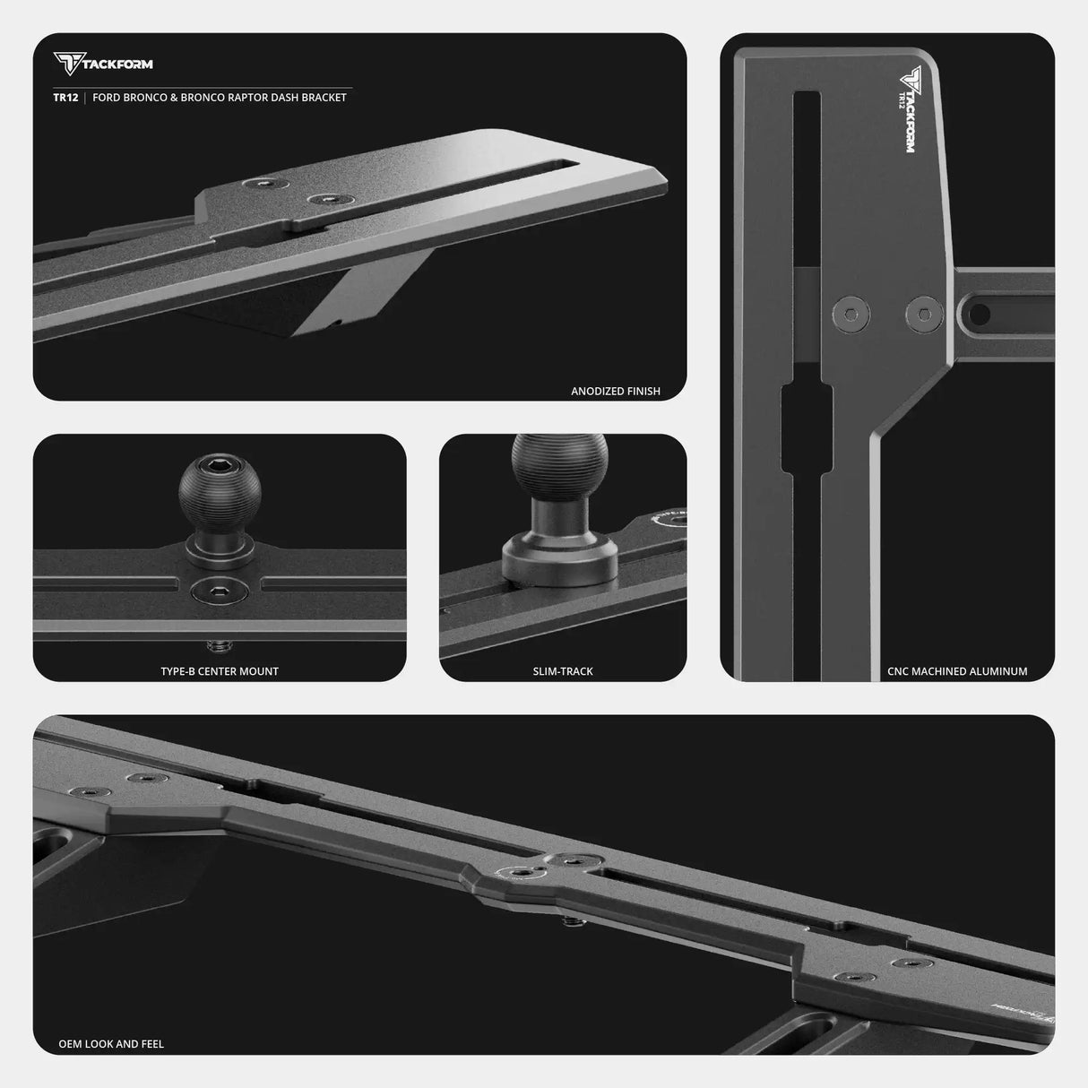 2021+ Ford Bronco & Bronco Raptor (Non-Sport) Tackform Slim Track Dash Bracket With Dual MagSafe Charging Phone Mounts & GoPro Mount