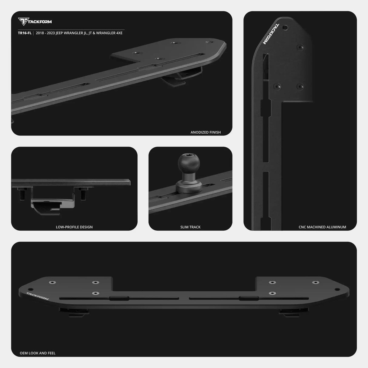 2018-2023 Jeep Wrangler JL/4xe & Gladiator Tackform Slim Track Dash Bracket With MagSafe & GoPro Mounts