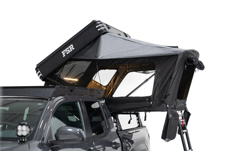 Free Spirit Recreation FSR Kali aluminum hard shell fold-out rooftop tent on pickup truck