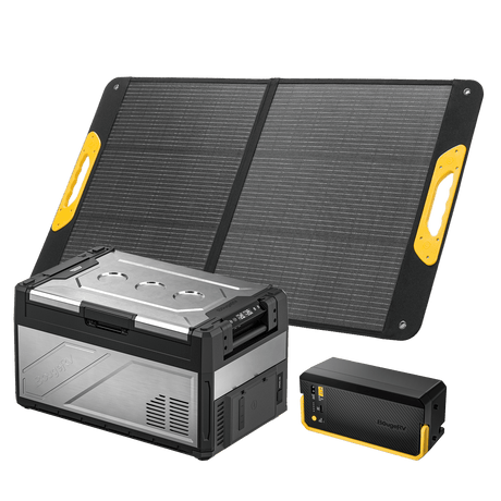BougeRV Rocky V3.0 41QT dual zone 12V fridge freezer with 240Wh battery and 100W solar panel kit for overlanding camping RV t