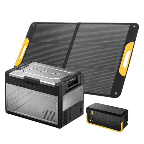 BougeRV Rocky V3.0 55QT dual zone 12V fridge freezer with 240Wh battery and 100W solar panel kit for overlanding camping RV t