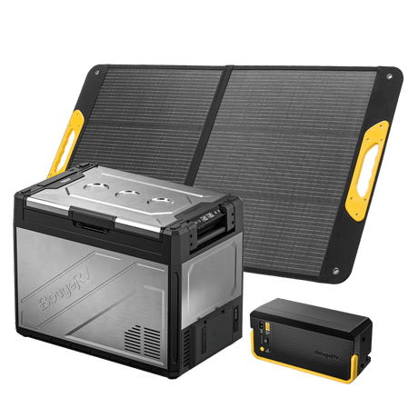 BougeRV Rocky V3.0 69QT dual zone 12V fridge freezer with 240Wh battery and 100W solar panel kit for overlanding camping RV t
