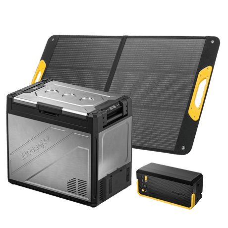 BougeRV Rocky V3.0 81QT dual zone 12V fridge freezer with 240Wh battery and 100W solar panel kit for overlanding camping RV t