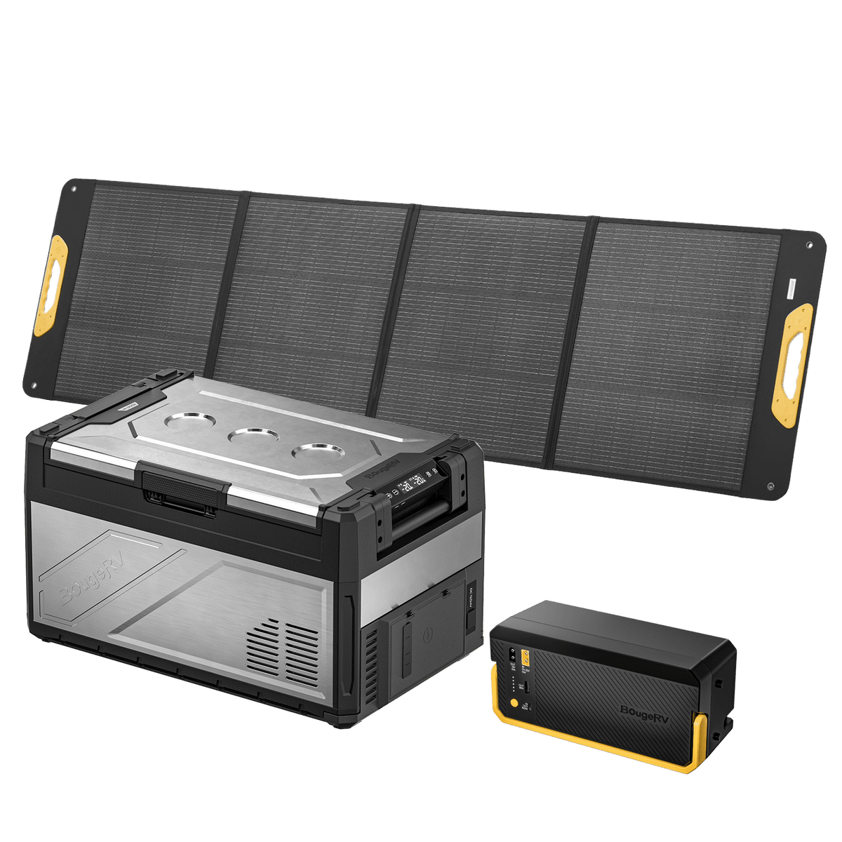 BougeRV Rocky V3.0 41QT dual zone 12V fridge freezer with 240Wh battery and 200W solar panel kit for overlanding camping RV t