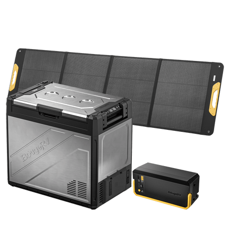 BougeRV Rocky V3.0 81QT dual zone 12V fridge freezer with 240Wh battery and 200W solar panel kit for overlanding camping RV t