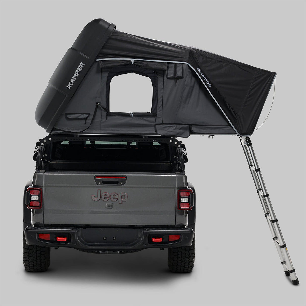iKamper Skycamp 4.0 Duo rear view open rooftop tent on Jeep Gladiator