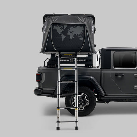 iKamper Skycamp 4.0 Duo compact rooftop tent open on Jeep Gladiator bed rack