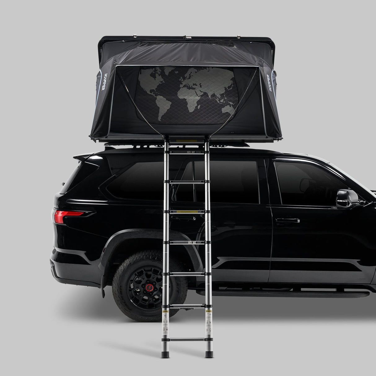 iKamper Skycamp 4.0 Quad hard shell rooftop tent open on black SUV