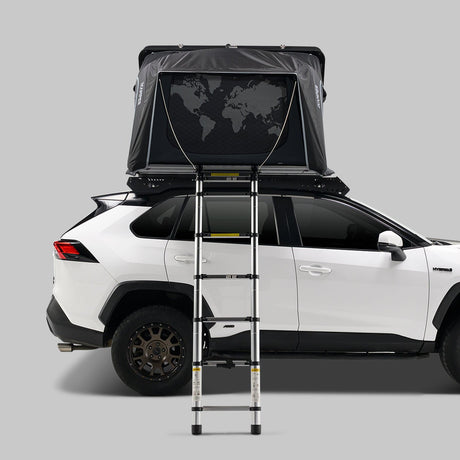 iKamper Skycamp 4.0 Trio hard shell rooftop tent open on white SUV