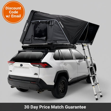 iKamper Skycamp 4.0 Trio hard shell rooftop tent side view on Toyota SUV