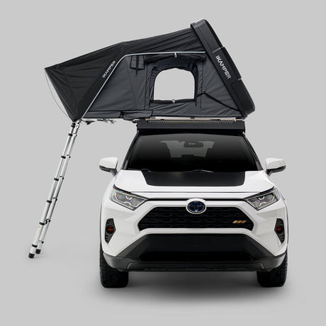 iKamper Skycamp 4.0 Trio front view open rooftop tent on overland SUV